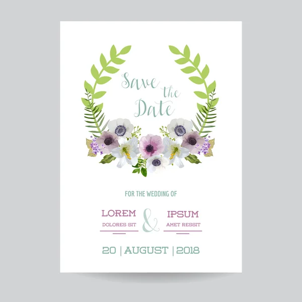 Salva il biglietto da sposa Data. Lily e Anemone Flowers. Ghirlanda floreale vettoriale — Vettoriale Stock