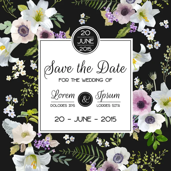 Guarde la tarjeta de boda Fecha. Lily y Anemone Flowers. Marco floral vectorial — Archivo Imágenes Vectoriales