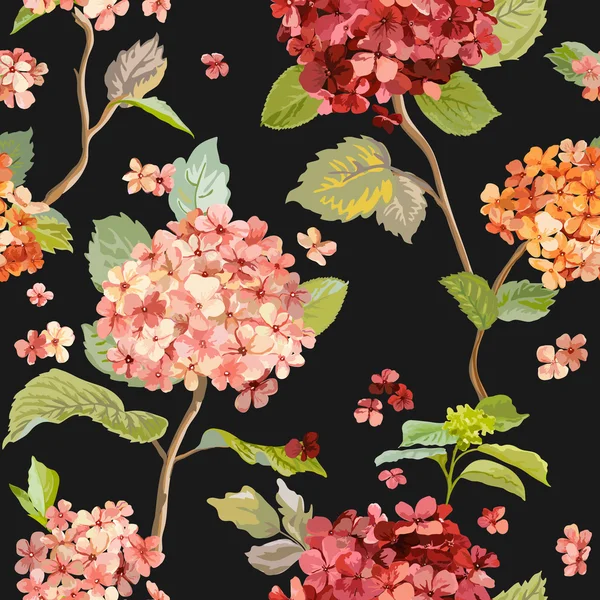 Flores Vintage - Fondo de Hortensia Floral - Patrón sin costuras para el diseño, impresión, textil, Scrapbook - en Vector — Archivo Imágenes Vectoriales