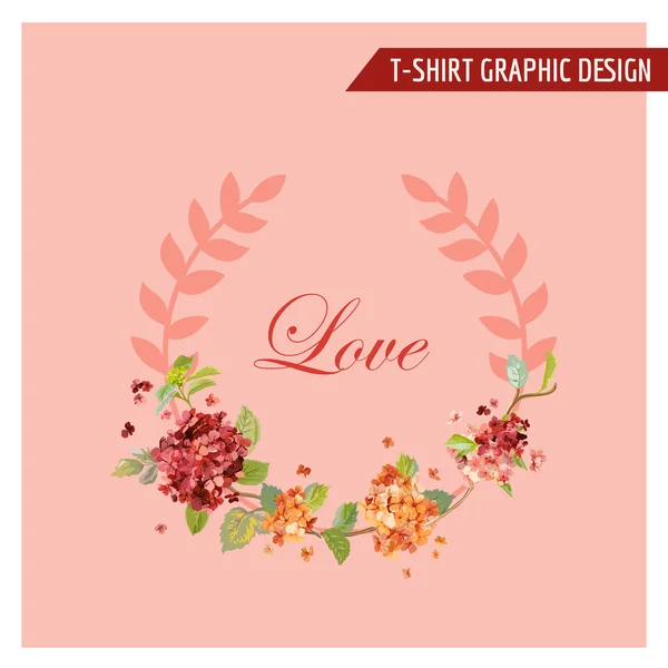 Vintage Hortensia Floral Design Gráfico - para Cartão, T-shirt, Moda, Impressões - em Vetor —  Vetores de Stock