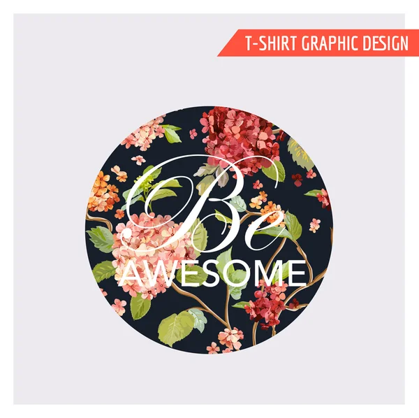 Blommig Hortensia kort Grafisk Design - för T-shirt, mode, utskrifter - i vektor — Stock vektor