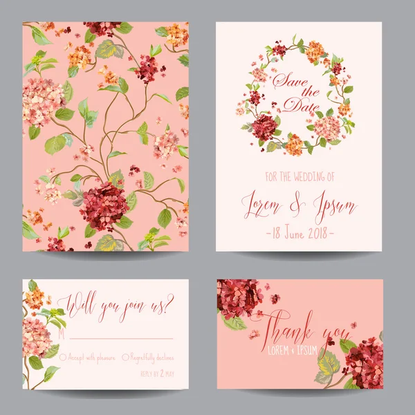 Enregistrer la carte de date - Fleurs d'hortensia vintage - pour mariage, invitation, fête - dans le vecteur — Image vectorielle