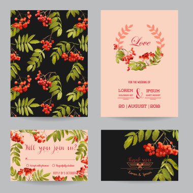 Tarihi Kaydet - Düğün Davetiyesi veya Tebrik Kartı Seti - Ash Berry Sonbahar Çiçek Teması - Vektör