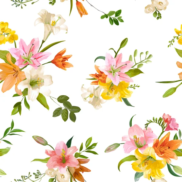 Spring Lily Flowers Backgrounds - Seamless Floral Pattern - in vector — Stock Vector