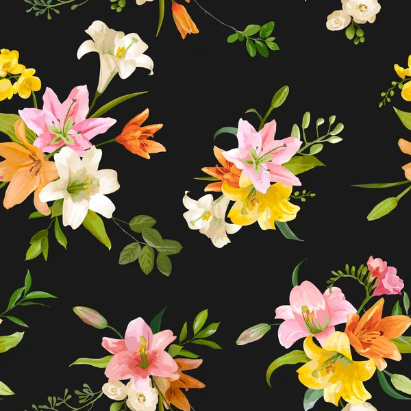 Άνοιξη Λίλι λουλούδια φόντα-χωρίς ραφές floral μοτίβο-σε διάνυσμα — Διανυσματικό Αρχείο