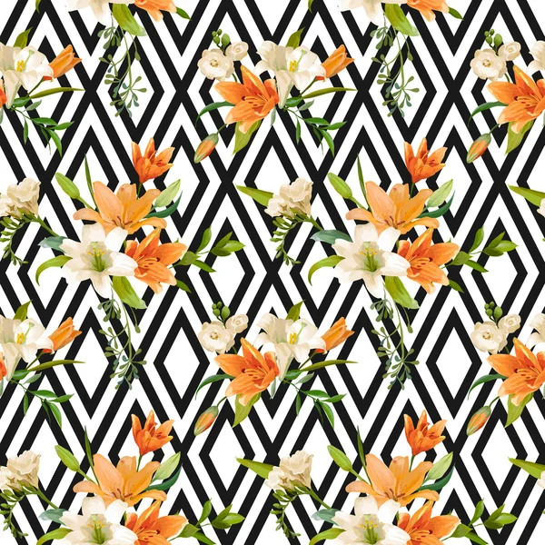 Fondos de flores de lirio de primavera - Patrón floral sin costuras - en el vector — Vector de stock