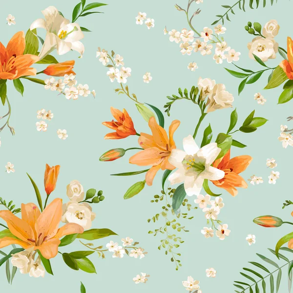 Fondos de flores de lirio de primavera - Patrón floral sin costuras - en el vector — Vector de stock