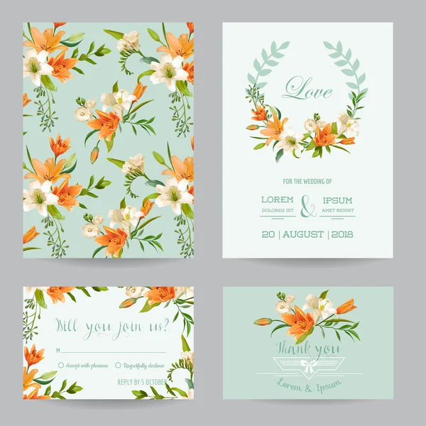 Enregistrer la date - Ensemble de cartes d'invitation ou de félicitations de mariage - Thème floral de lys d'automne - dans Vector — Image vectorielle