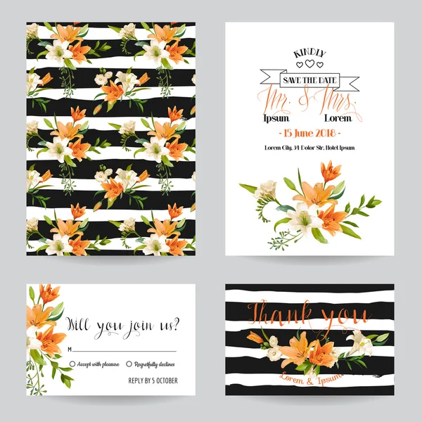 Enregistrer la date - Ensemble de cartes d'invitation ou de félicitations de mariage - Thème floral Lys d'été - dans Vector — Image vectorielle