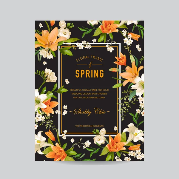 Moldura colorida floral vintage - Flores de lírio aquarela - para convite, casamento, Baby Shower Card - em vetor — Vetor de Stock