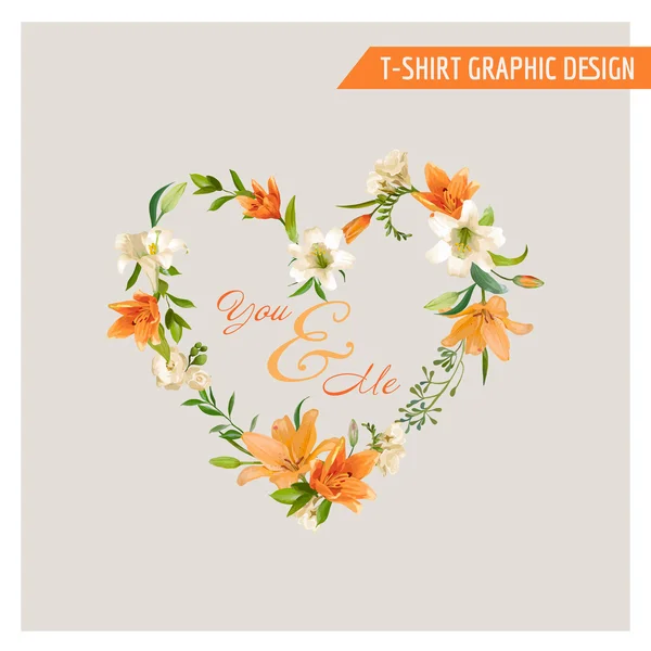 Design Gráfico Floral Vintage - Flores de Lily de Verão - para T-shirt, Moda, Impressões - em Vector — Vetor de Stock