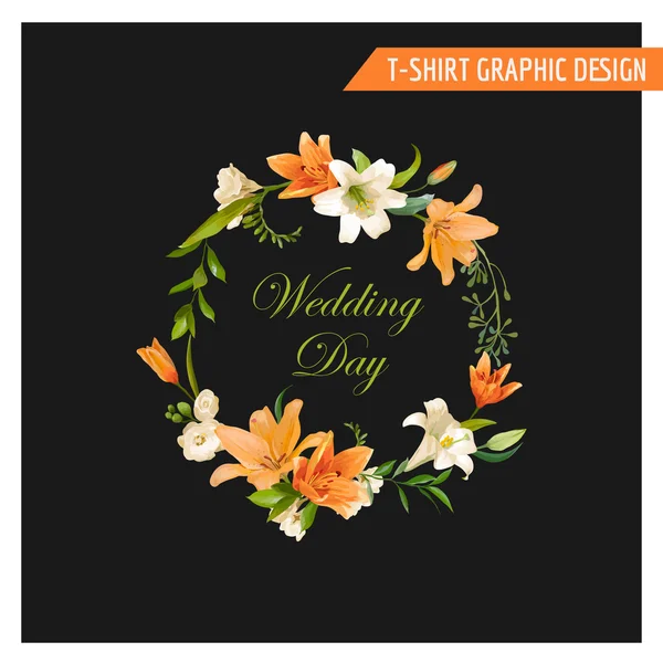 T シャツ, ファッション, 版画 - ベクトルのビンテージ花柄グラフィック デザイン - 夏のユリの花- — ストックベクタ