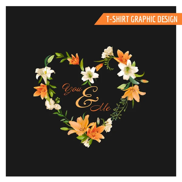 Diseño Gráfico Floral Vintage - Flores de Lirio de Verano - para Camisetas, Moda, Estampados - en Vector — Vector de stock