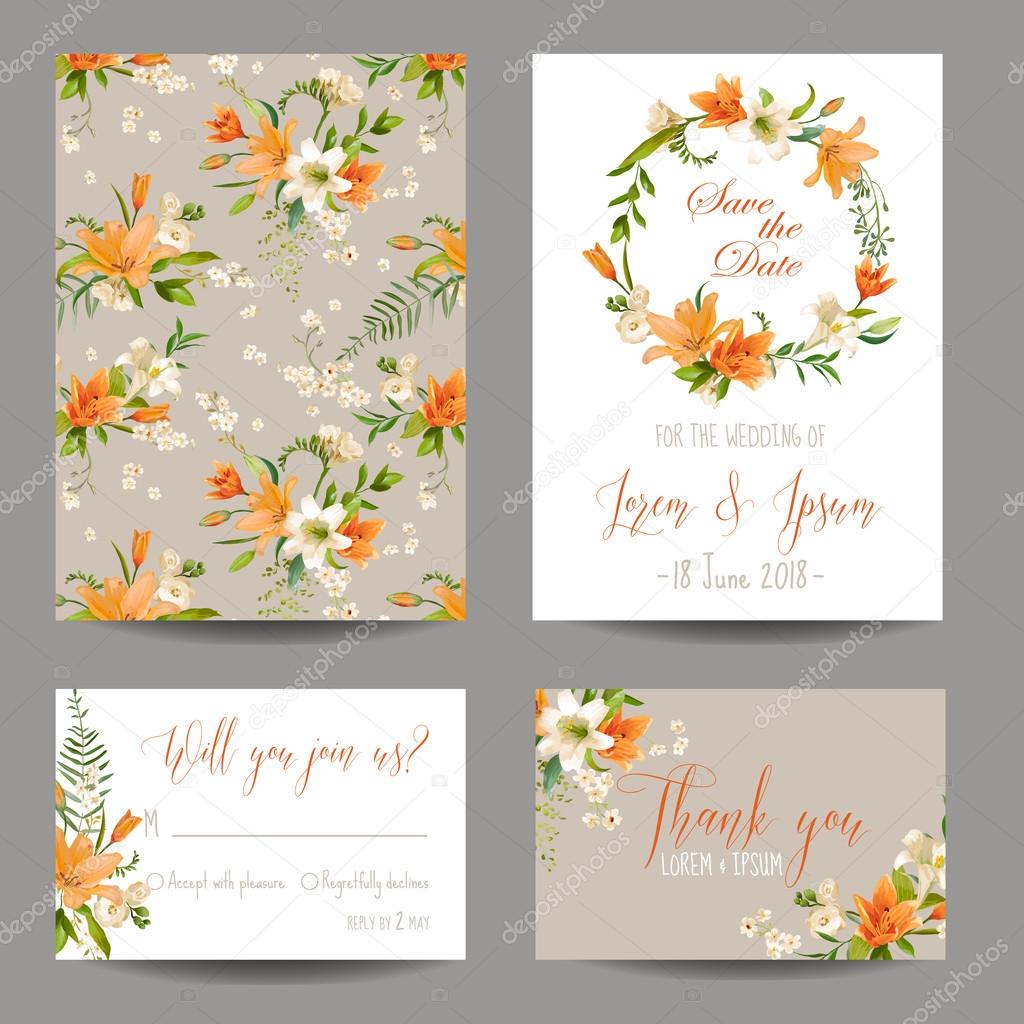 Save the Date - Wedding Invitation or Congratulation Card Set - Summer Lily Floral Theme - in Vector