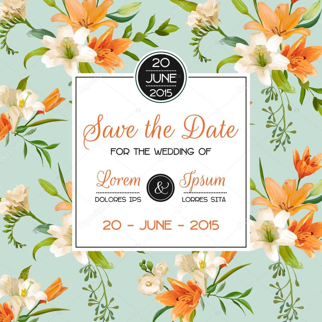 Invitation or Congratulation Card - for Wedding, Baby Shower - Vintage Lily Floral Theme - in Vector