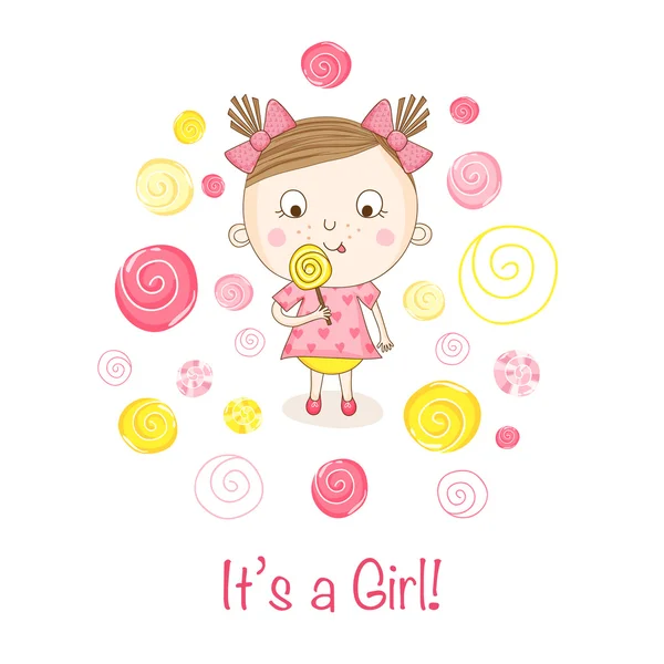 Baby Shower o Arrival Card - Baby Girl with a Candy - in vettore — Vettoriale Stock