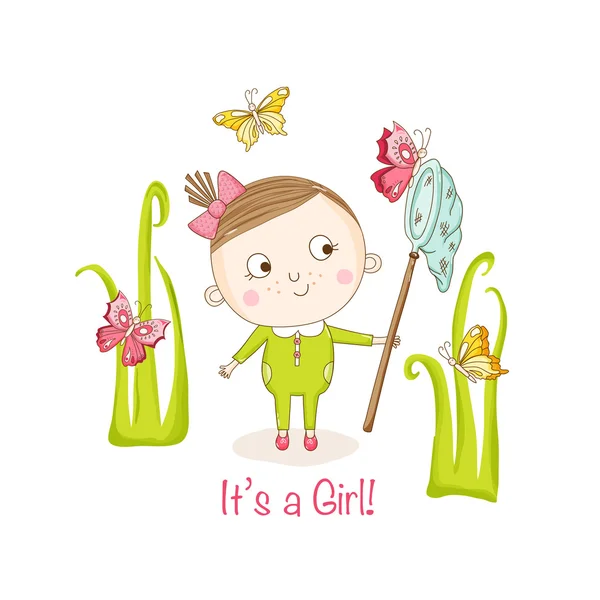 Κοριτσάκι με πεταλούδες - ντους μωρών ή κάρτα άφιξης - στο διάνυσμα — Διανυσματικό Αρχείο