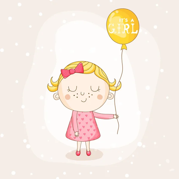 Baby Girl with a Balloon - Baby Shower or Arrival Card - in vector — Stock Vector