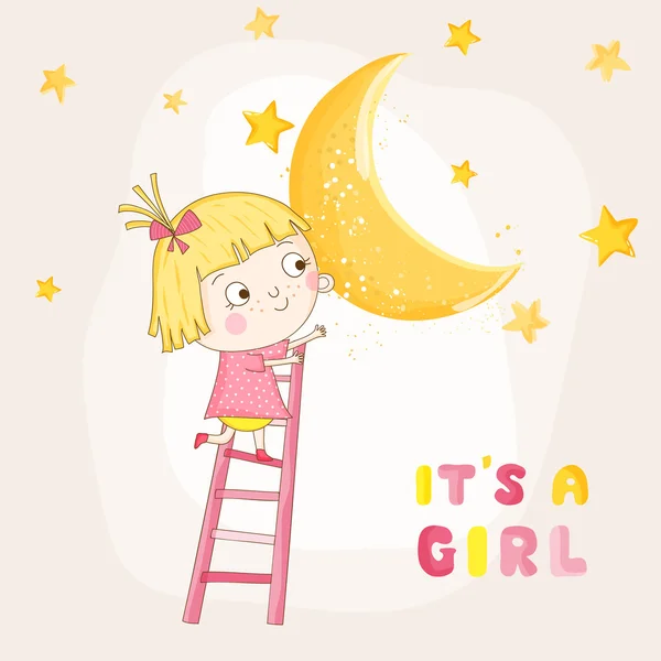 Baby meisje klimmen op een maan - Baby Shower of aankomst Card - in vector — Stockvector
