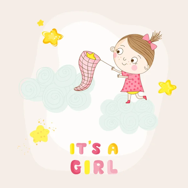 Baby Girl captura de estrellas en una nube - Baby Shower o tarjeta de llegada - en el vector — Archivo Imágenes Vectoriales