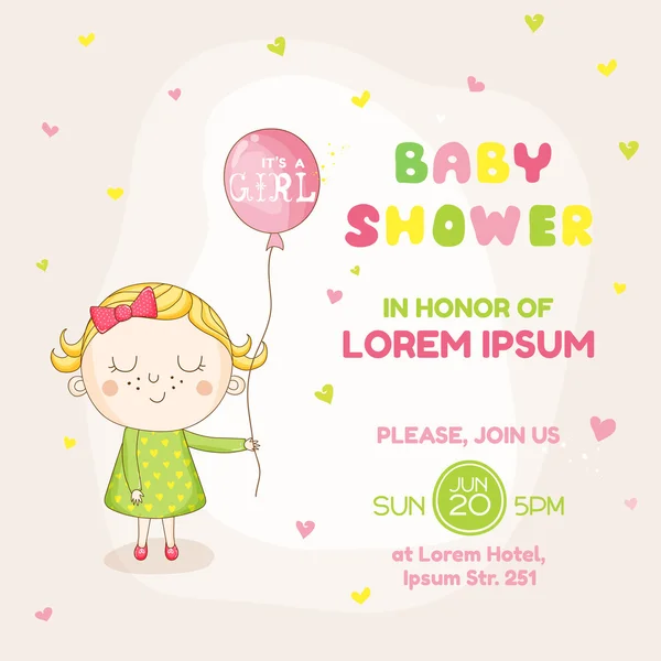 Bambina con palloncino - Baby Shower o Arrival Card - in vetta — Vettoriale Stock