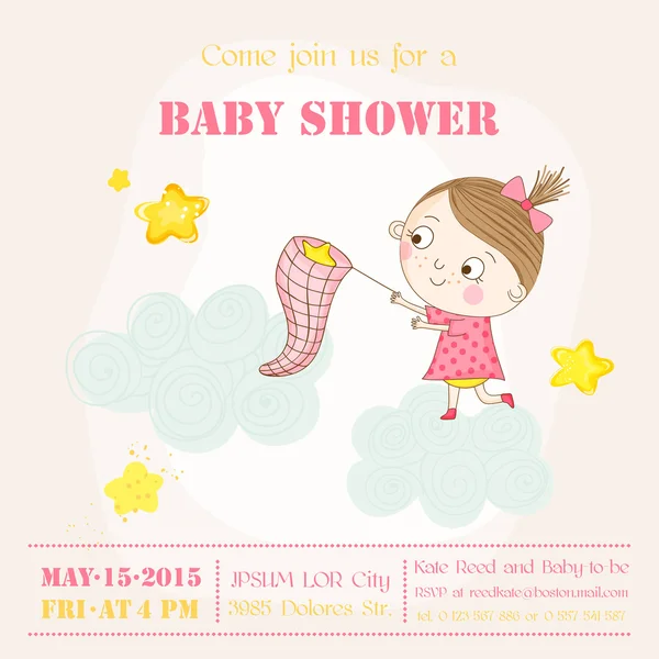Baby-Mädchen fängt Sterne auf einer Wolke - Baby-Dusche oder Ankunftskarte - im Vektor — Stockvektor