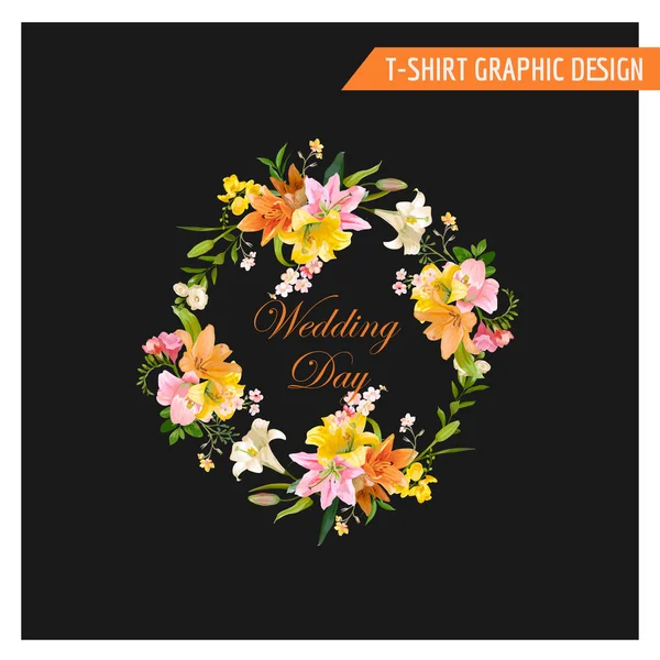 빈티지 꽃 그래픽 디자인-여름 백합 꽃-t-셔츠, 패션, 지문-벡터에 대 한 — 스톡 벡터