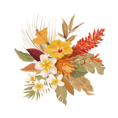 Vektör tropik çiçek buketi, tropik yapraklar, beyaz arka planda boho çiçekleri. Yaz çiçeği.