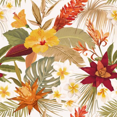 Kusursuz tropik sonbahar sonbahar vektör deseni. Zarif kuru palmiye yaprakları, boho suluboya tropikal çiçekler