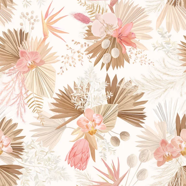 Απρόσκοπτη τροπική floral μοτίβο, παστέλ ξηρά φύλλα φοίνικα, υδατογραφία Boho τροπικό λουλούδι, ορχιδέα, Protea — Διανυσματικό Αρχείο
