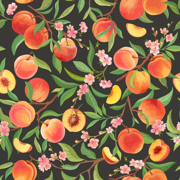 Perzik patroon met tropisch fruit, bladeren, bloemen achtergrond. naadloze textuur illustratie in aquarelstijl — Stockvector