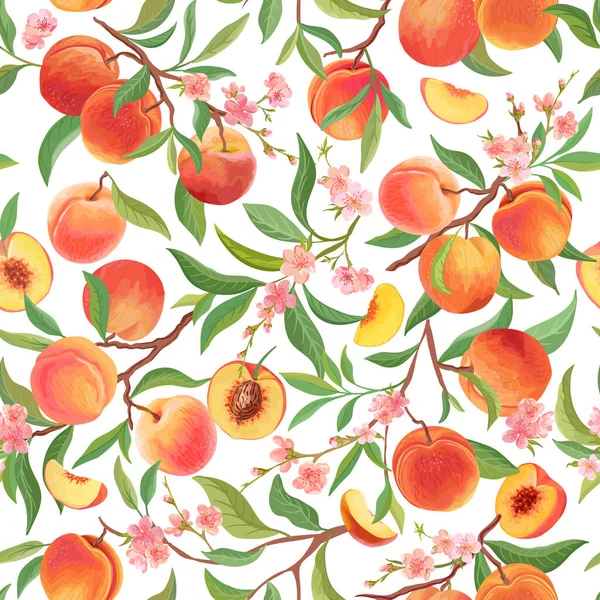Бесшовный персиковый узор с тропическими фруктами, листьями, цветочным фоном. иллюстрация в акварельном стиле — стоковый вектор