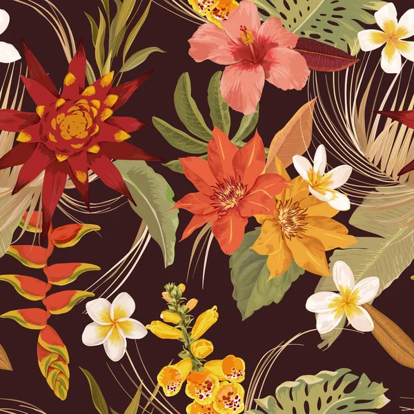 Акварельний тропічний квітковий безшовний осінній візерунок. Векторне бухо сухе пальмове листя, елегантні тропічні квіти — стоковий вектор