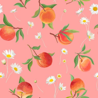 Şeftali desenli papatya, tropik meyveler, yapraklar, çiçek arkaplanı. suluboya stilinde kusursuz desen çizimi