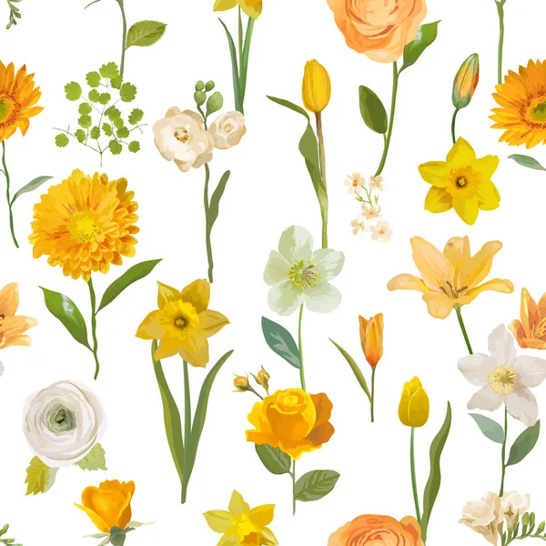 Summer yellow flowers watercolor pattern, seamless floral spring background. Vector trendy blossom texture — Stock Vector