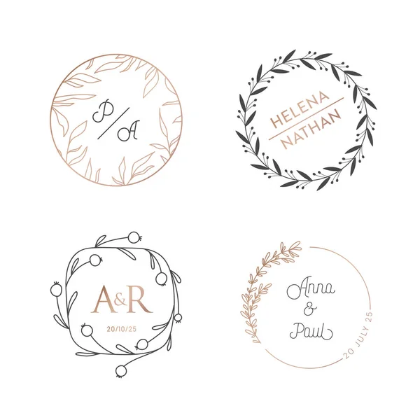 Coronas de boda, logotipos de laureles círculo. Colección vectorial monograma vintage. Marco moderno, minimalista — Vector de stock