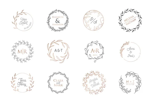 Corona de boda monograma, laureles logos colección de vectores. Marco moderno, plantillas florales minimalistas — Vector de stock