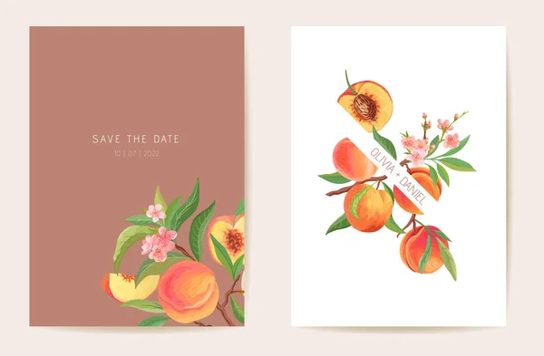 Huwelijksuitnodiging perzik, exotisch fruit, bloemen, bladeren kaart. Tropische aquarel sjabloon. Botanische Save the Date — Stockvector