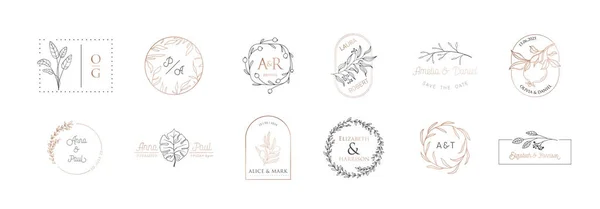 Hochzeits-Monogrammvektorkollektion, moderne minimalistische florale Vorlagen, Kranz für Einladung — Stockvektor