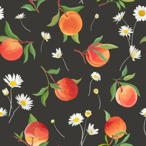 Pfirsichmuster mit Gänseblümchen, tropischen Früchten, Blättern, Blüten Hintergrund. nahtlose Texturillustration im Aquarell-Stil — Stockvektor