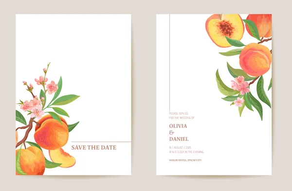 Casamento convite pêssego frutas, flores, folhas cartão. Modelo mínimo de aquarela. Botânico Salve a Data —  Vetores de Stock