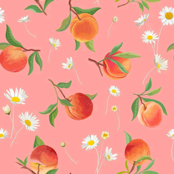 Modello di pesca con margherita, frutti tropicali, foglie, sfondo fiori. illustrazione texture senza soluzione di continuità in stile acquerello — Vettoriale Stock