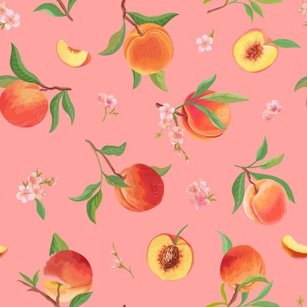 Aquarel perzik textuur, tropisch fruit, bladeren, bloemen patroon. naadloze achtergrond illustratie — Stockvector