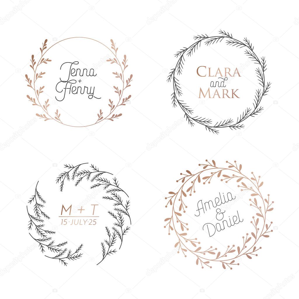 Wedding floral wreaths, circle botanical laurels monograms. Vintage logo vector collection. Modern frame, minimalistic templates for Invitation, greeting, cards. Identity for restaurant, boutique
