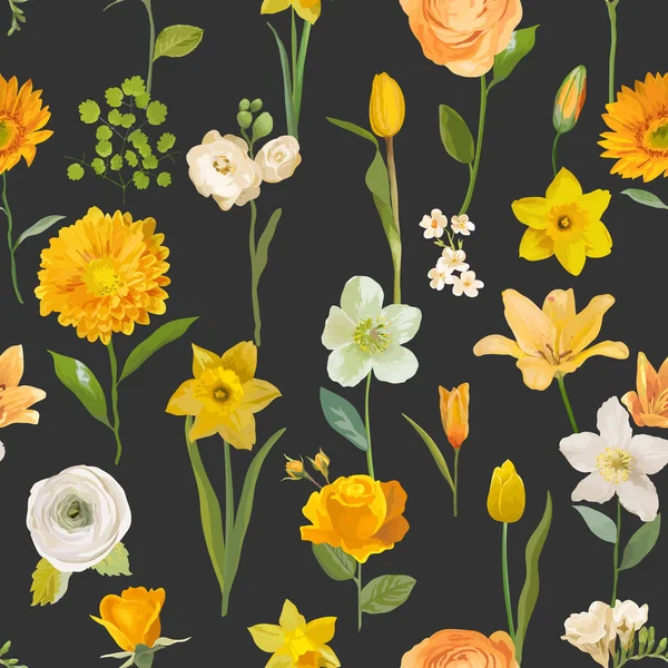 Verano flores amarillas acuarela fondo, patrón de primavera floral sin costuras. Textura de flor de moda vectorial — Archivo Imágenes Vectoriales