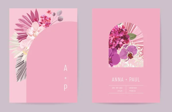Bröllop akvarell blommig vektor kort, torra tropiska blommor, torkade palmblad inbjudan — Stock vektor