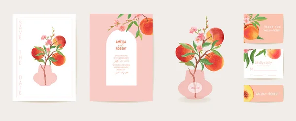 Peach invitation vector card. Wedding vintage botanical Save the Date set. Design template of fruits — Stock Vector