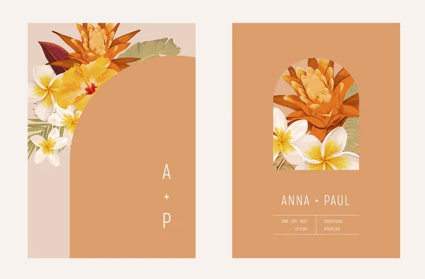 Tarjeta botánica de invitación a la boda floral, póster de hojas secas de palma tropical boho. Conjunto de marcos, moderno mínimo — Vector de stock