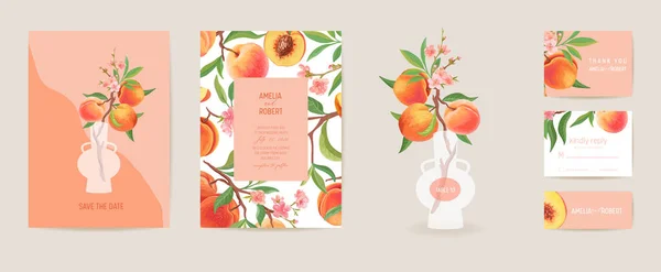Wedding invitation peach vector card. Vintage botanical Save the Date set. Design template of fruits — Stock Vector