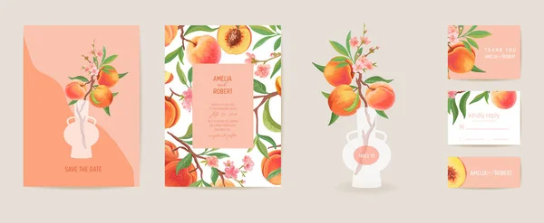 Convite de casamento cartão vetorial pêssego. Vintage botânico Save the Date set. Modelo de design de frutas — Vetor de Stock